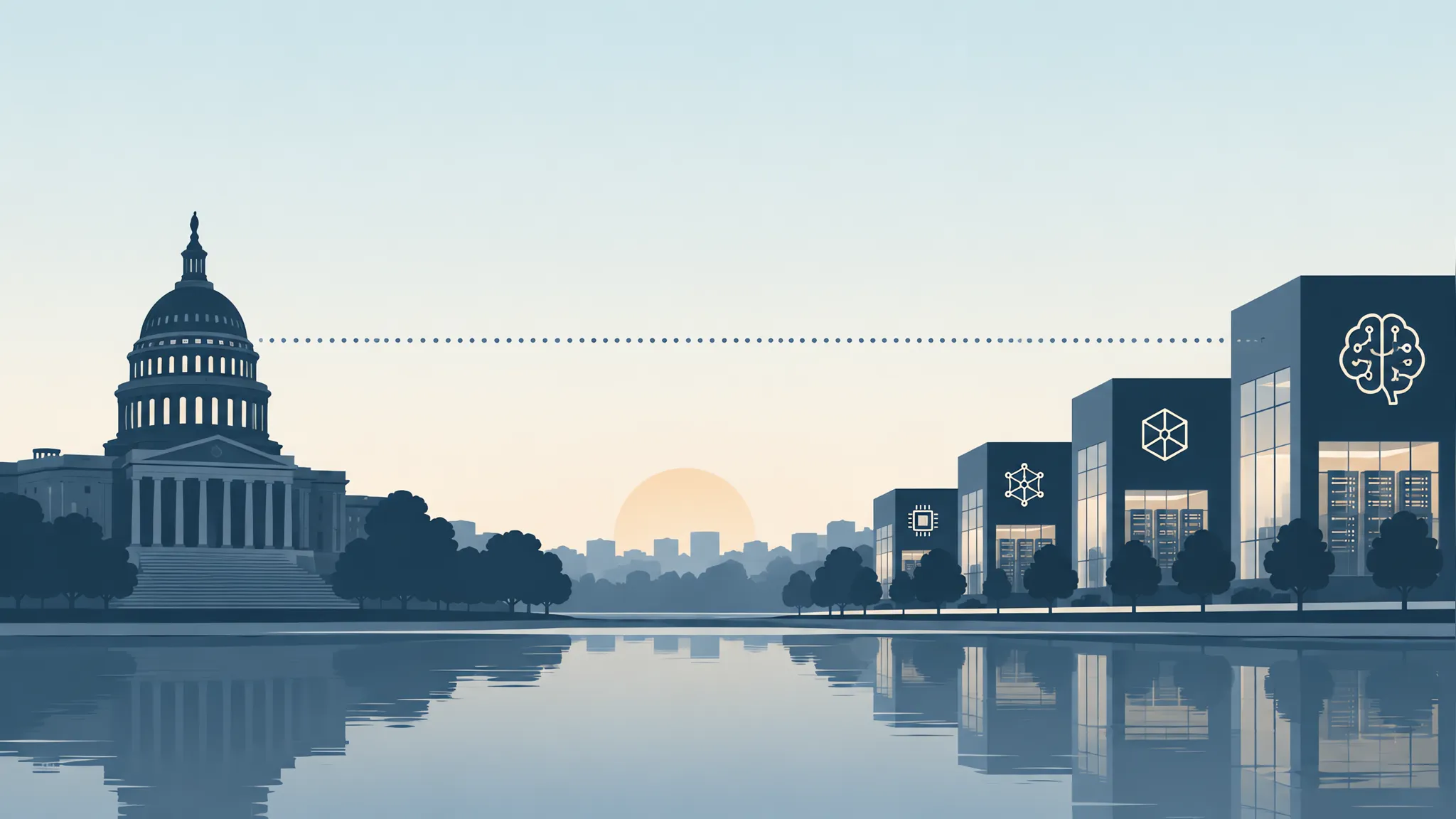 A minimalist editorial illustration of a regulatory sightline connecting Washington institutions to a row of AI lab icons