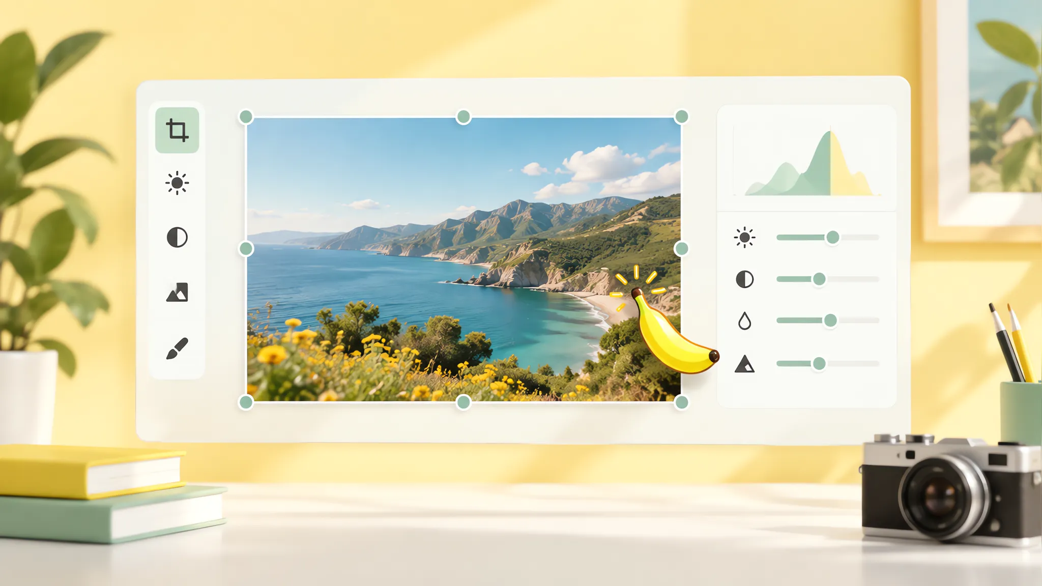 Editorial-Illustration eines stilisierten bananenförmigen Cursors, der ein Foto bearbeitet