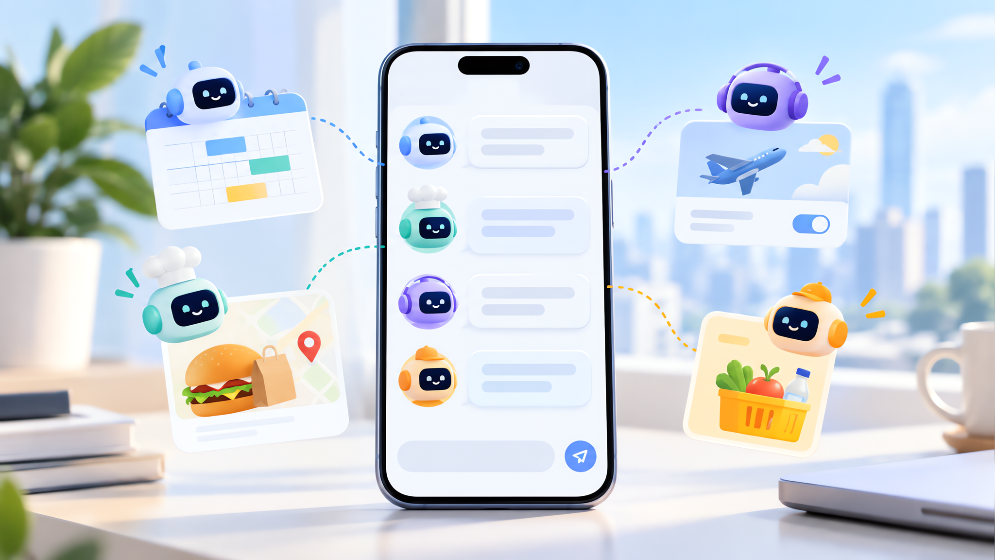 Interface de messagerie sur téléphone avec plusieurs icônes d'agents ponctuels et des cartes d'agenda et de livraison