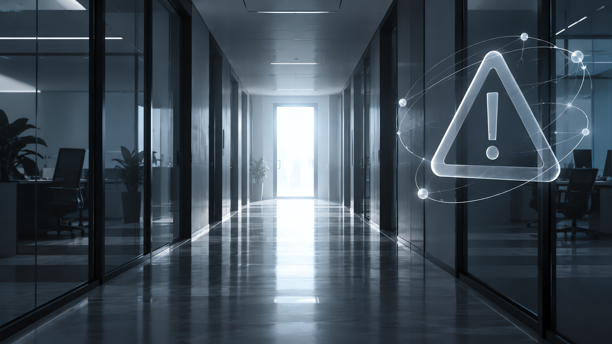 Couloir de bureaux se terminant sur une porte éclairée, avec un symbole abstrait d'alerte de sécurité