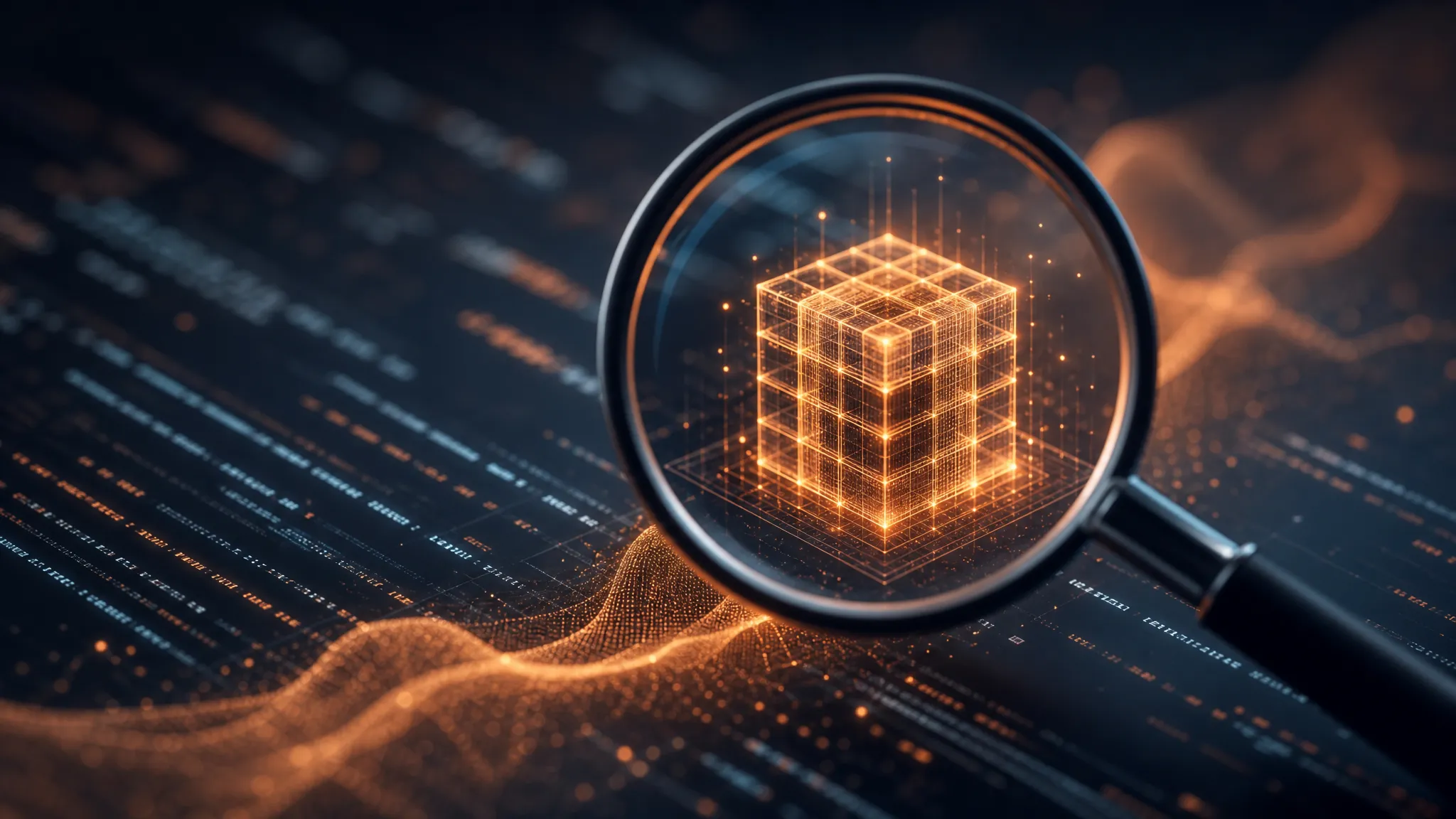 An editorial illustration of a code editor with a glowing model selector panel and abstract network lines